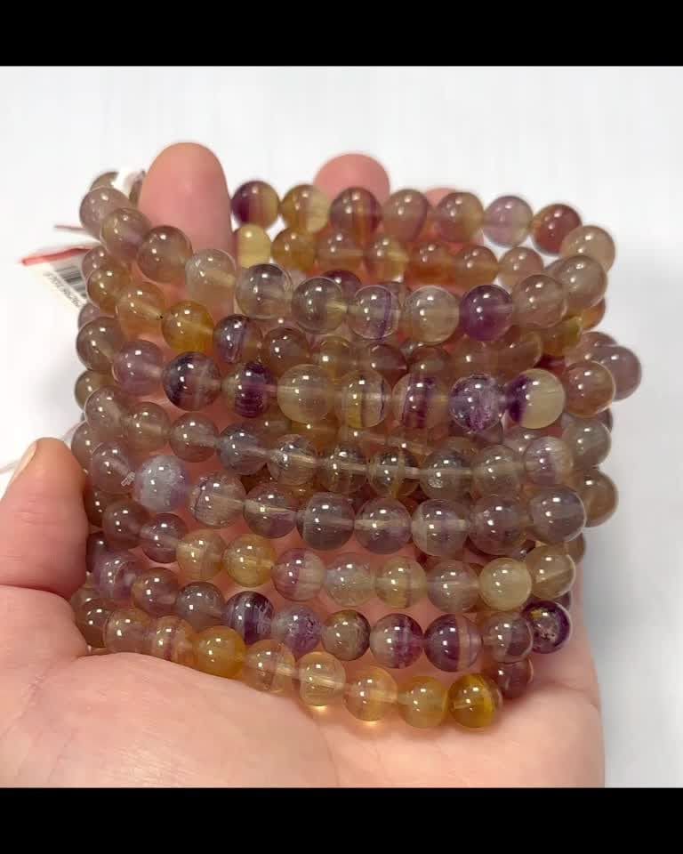 Pulseira de fluorite violeta amarela com contas AA 7,5-8,5 mm