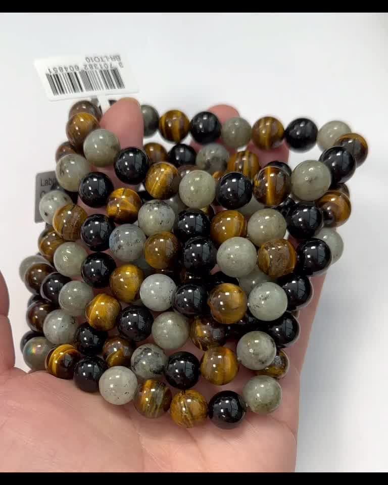 Pulseira labradorite olho de tigre contas ónix 10mm